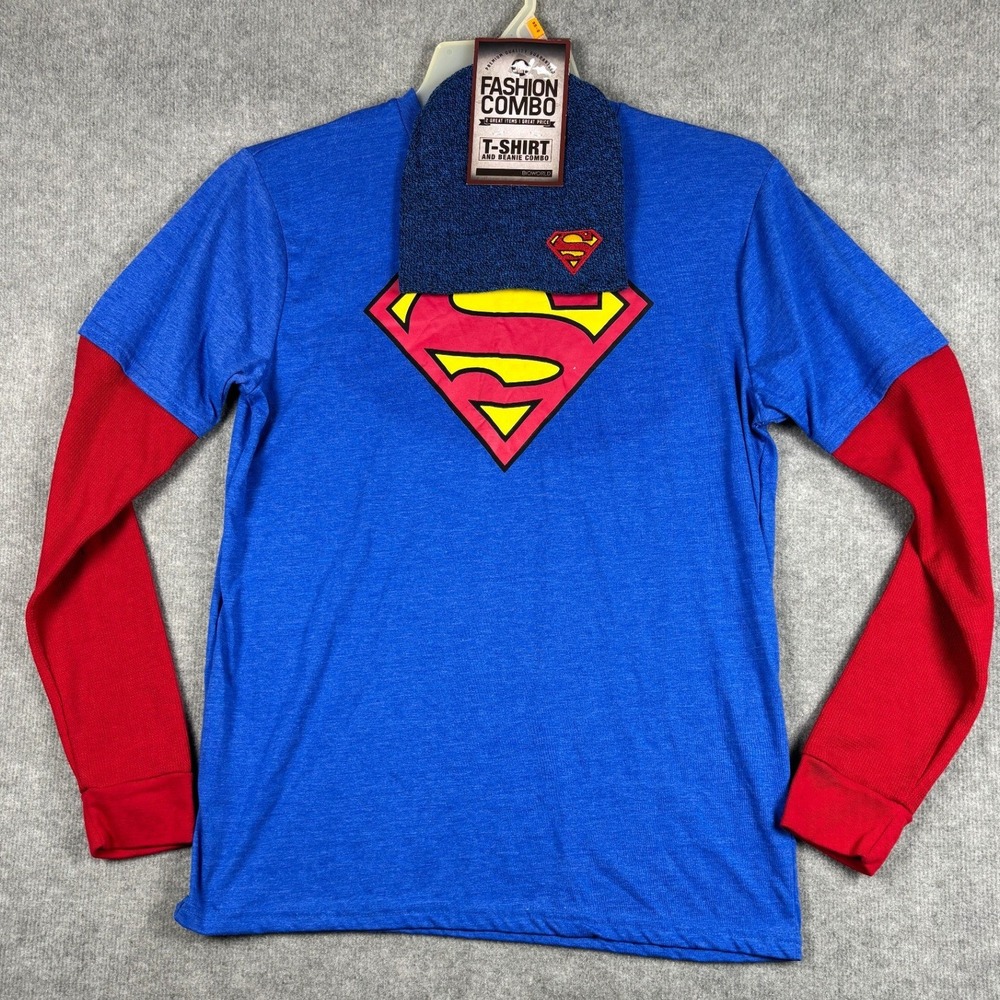 Superman Bioworld Fashion Combo T-Shirt Beanie Set Layered Thermal Medium Blue